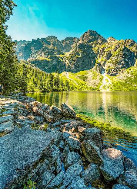 Tatra National Park in Poland Famous mountains lake Morskie oko or sea eye lake In High Tatras Five lakes valley