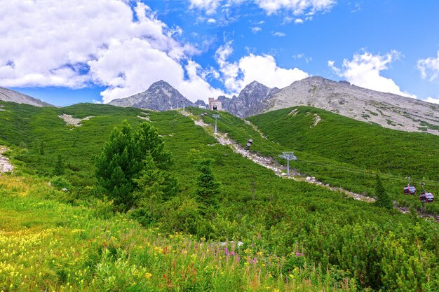 Tatranska Lomnica Slovakia July 15 2018 Modern Gondola cableway from Tatranska Lomnica Resort to station Skalnate Pleso in High Tatra Mountains