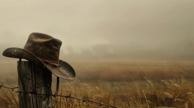 A tattered hat on a wooden fence post overlooking a field shrouded in mist secrets lost to time