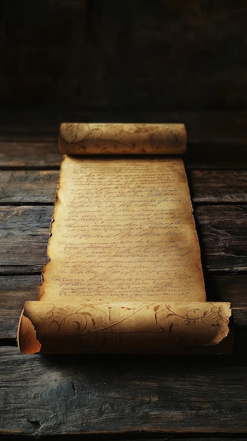 A Tattered Scroll Unfurling on a Weathered Wooden Surface A Glimpse into the Past