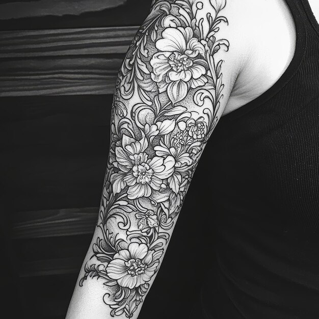 Tattoo art on the arm of a young woman Black and white photo