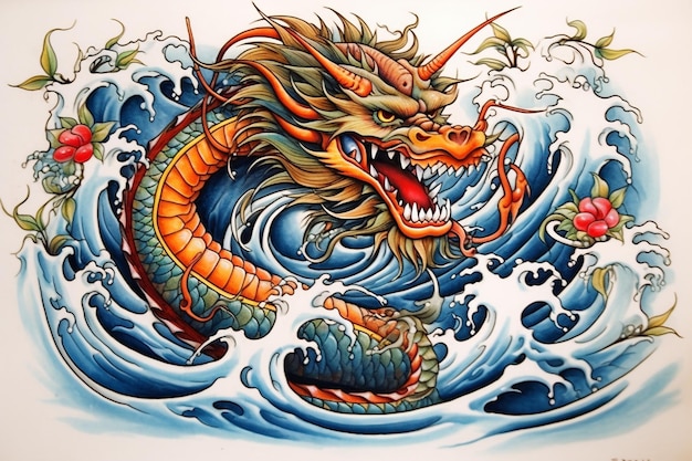 Tattoo art of a dragon with a fish in the water generative ai