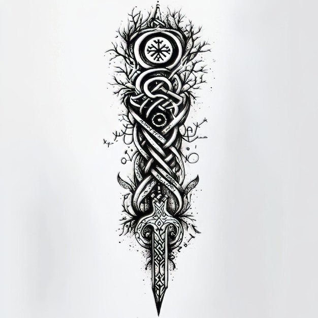 Photo tattoo art sketch of a dagger with a pattern on a white background