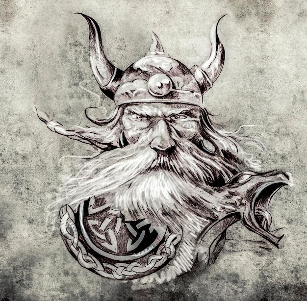 Tattoo art, sketch of a viking warrior, Illustration of an ancient wooden figurehead on a Viking longboat