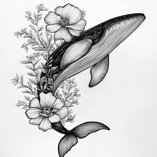 Photo tattoo art sketch of a whale and flowers handdrawn illustration