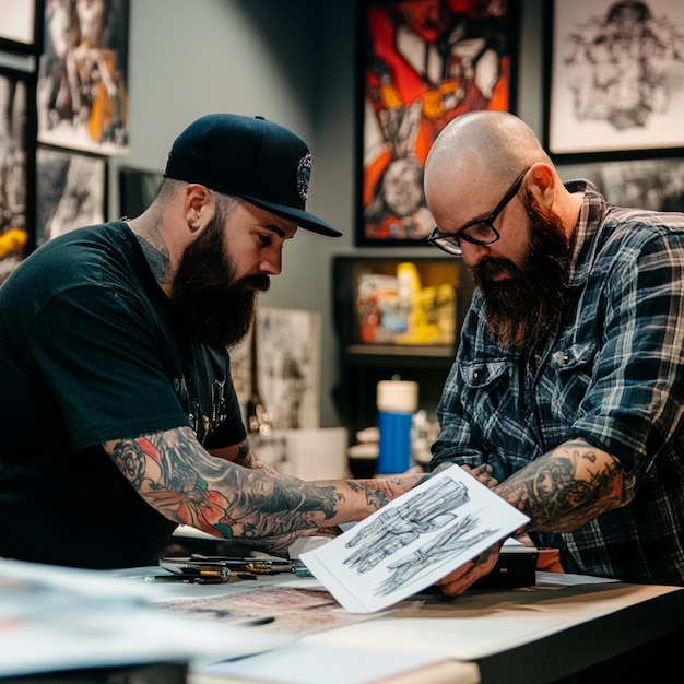 a tattoo artist discussing design options with a client showing sketches and portfolios3