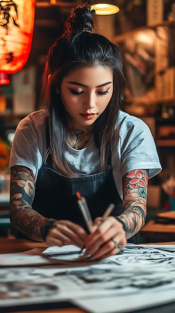 Photo tattoo artist drawing a tattoo design