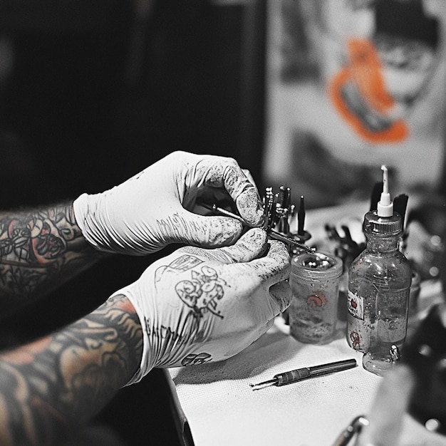 a tattoo artist wearing gloves adjusting the needle on the tattoo machine1