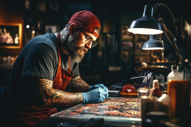 Photo a tattoo artist at work needle in hand concentrated gaze ink on skin ai generated