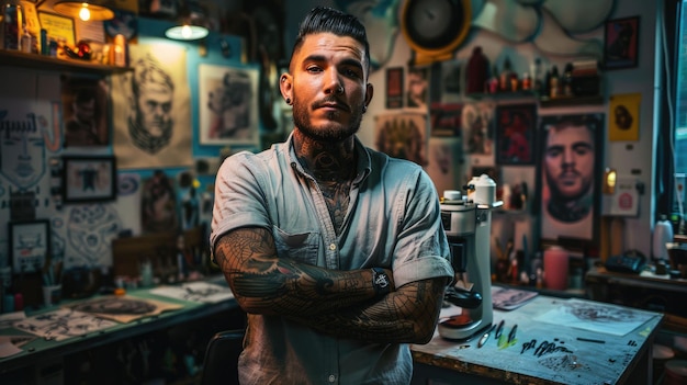 The tattoo artist working inside workshop and filled with various tattoo AIG43