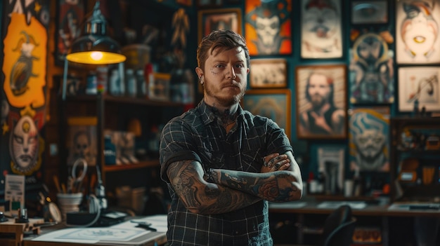 Photo the tattoo artist working inside workshop and filled with various tattoo aig