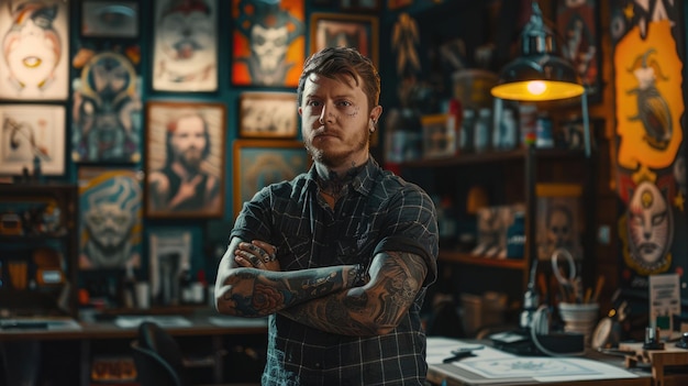 The tattoo artist working inside workshop and filled with various tattoo aig