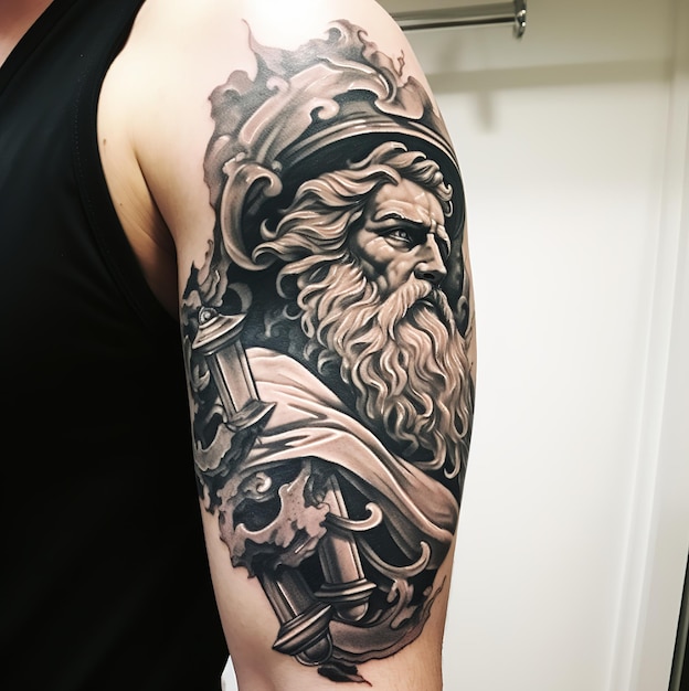 A tattoo of a bearded man with a sword and a shield