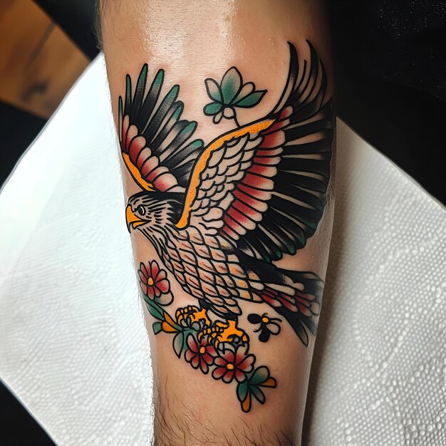 a tattoo of a bird with a flower on it