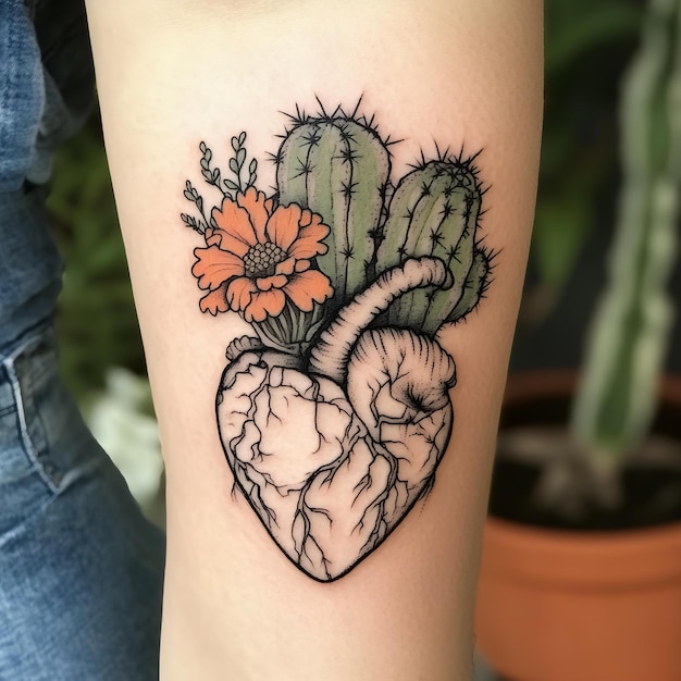 A tattoo of cactus and cactus with a heart tattoo on the wrist