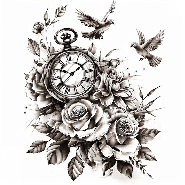 Photo tattoo design black and white roses with an antique pocket watch in the center of one rose and two