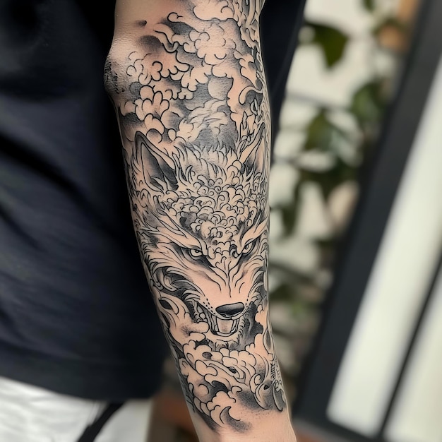 A tattoo of a dragon and a dragon on a persons arm