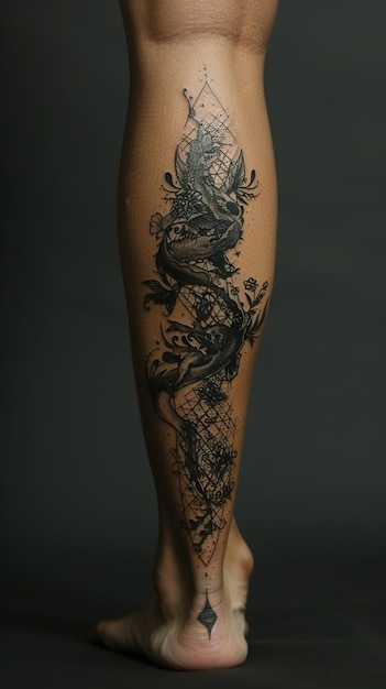 a tattoo of a dragon on a mans leg