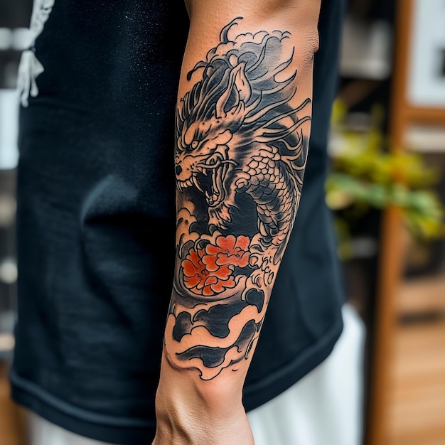 A tattoo of a dragon with a dragon on the left hand