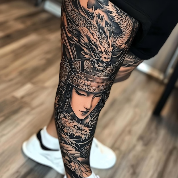 a tattoo of a dragon and a womans head