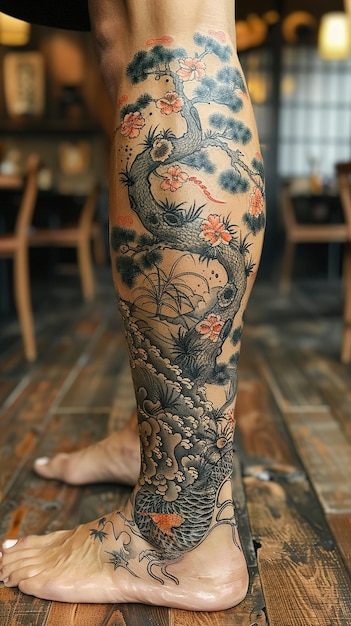 a tattoo of a dragon and the word life on the leg