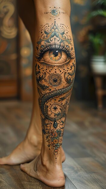 a tattoo of an eye with a peacock on the leg