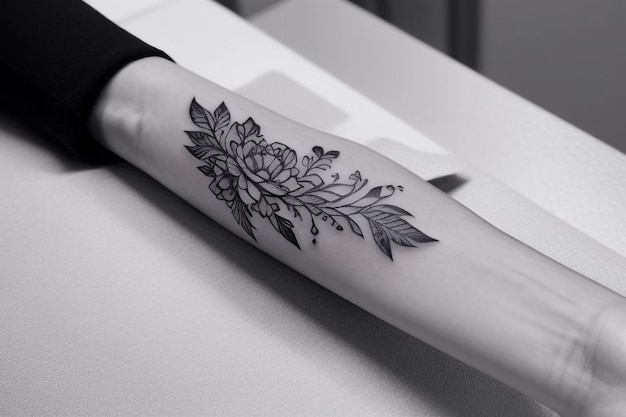 Photo a tattoo of a flower and leaves on a womans arm