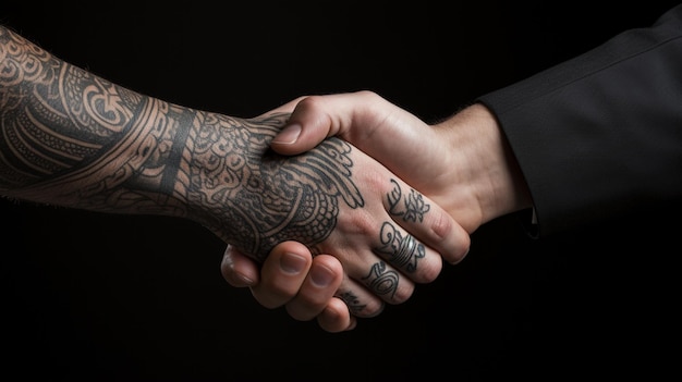 Tattoo Handshake two businessmen signifies successful agreement Black Background Generative AI