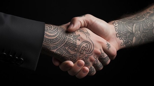 Tattoo Handshake two businessmen signifies successful agreement Black Background Generative AI