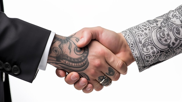 Tattoo Handshake two businessmen signifies successful agreement White Background Generative AI