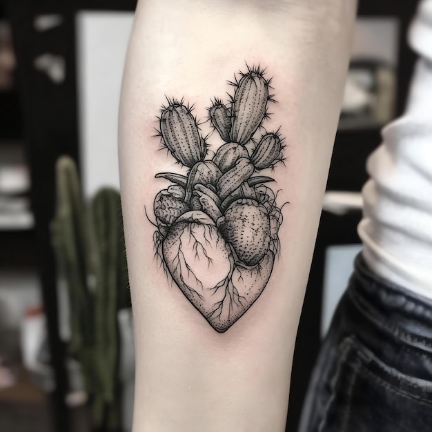 A tattoo of a heart with the word cactus on it