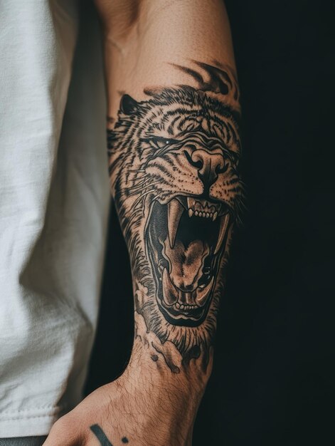 Photo tattoo of majestic animal roaring on forearm