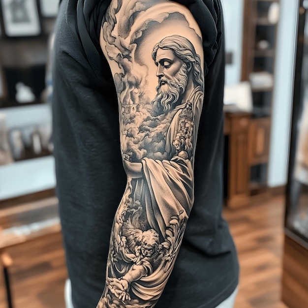 A tattoo of a man with a cross on his arm