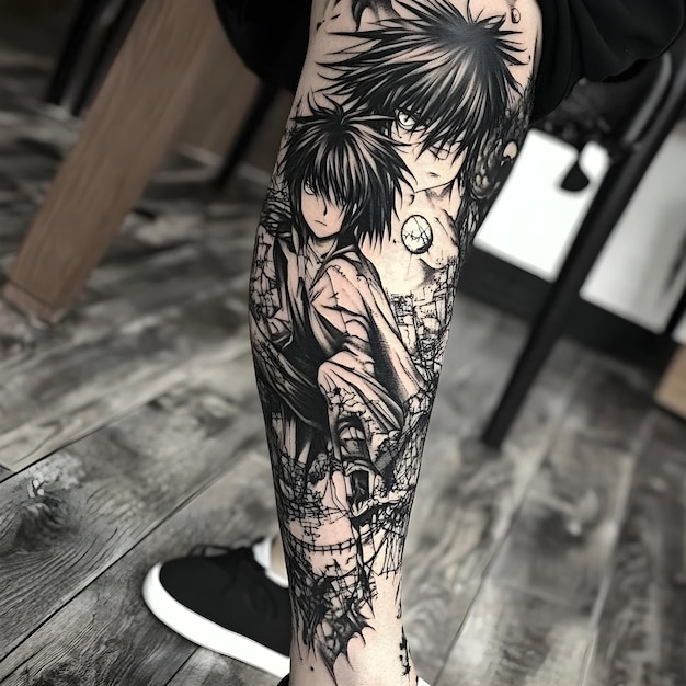 A tattoo of a man with a girl on his leg