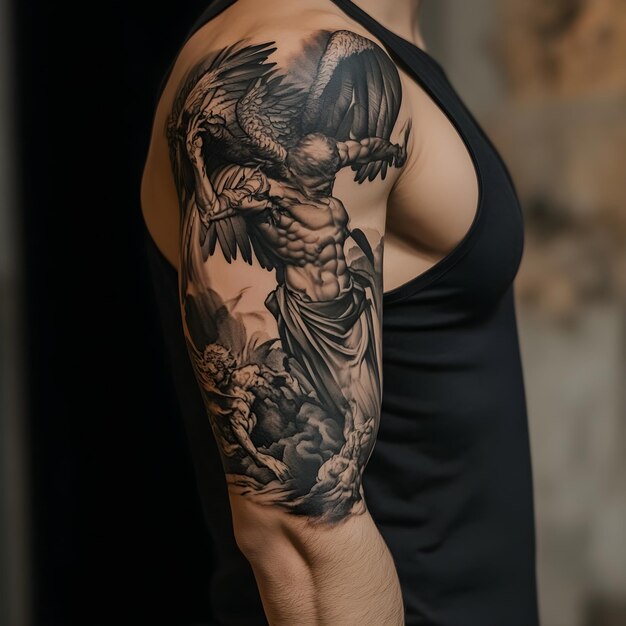 A tattoo of a man with a tattoo of a angel on his arm