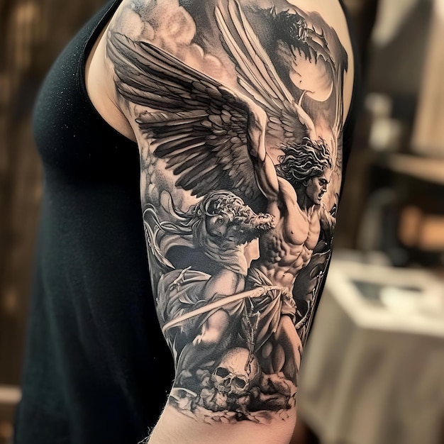 A tattoo of a man with wings and a dragon on his arm