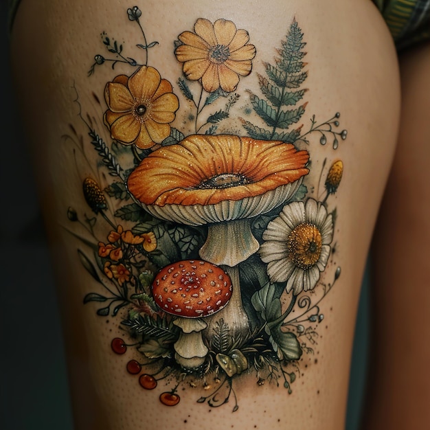 Photo a tattoo of mushrooms and mushrooms on a womans arm