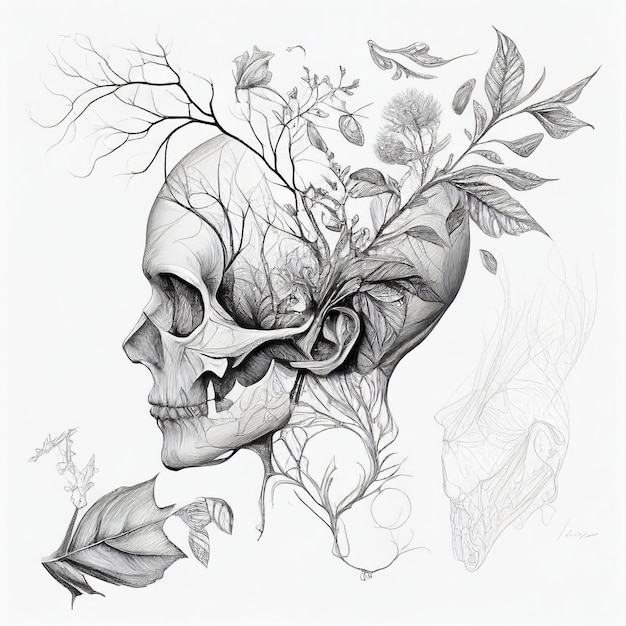 Tattoo pattern skull leaves on white background Generative AI