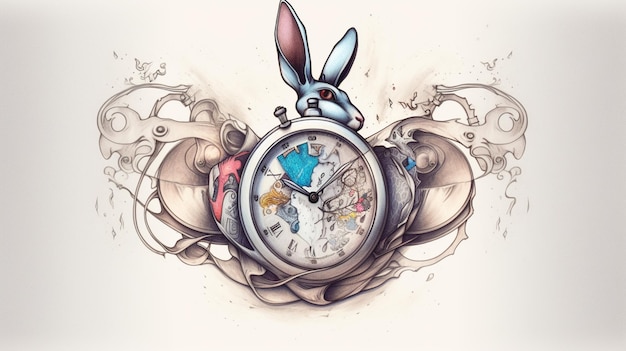 A tattoo of a rabbit with a watch on it