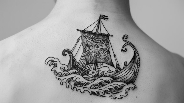 Photo a tattoo of a sailboat with a sail on the back