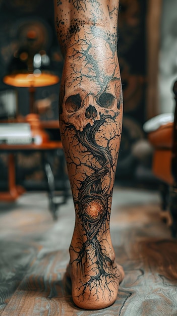 the tattoo of a skull and the roots of a tree