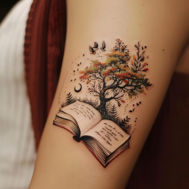 Photo a tattoo of a tree and the book with the words  love  on the arm