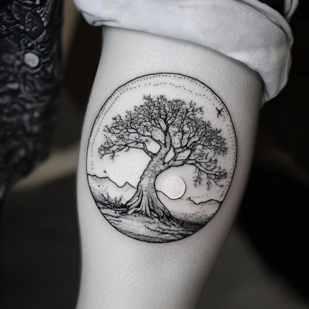 a tattoo of a tree with the moon and the moon in the background