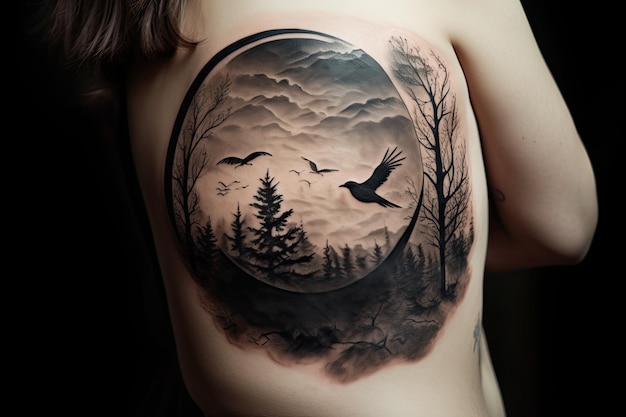 Photo tattoo of a wild forest in dark and melancholic tones in a circular shape generative ai