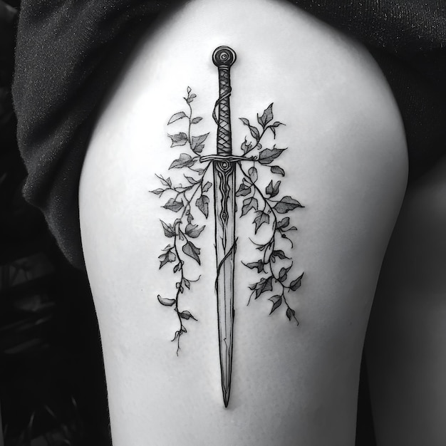 Photo a tattoo with leaves and a sword on it