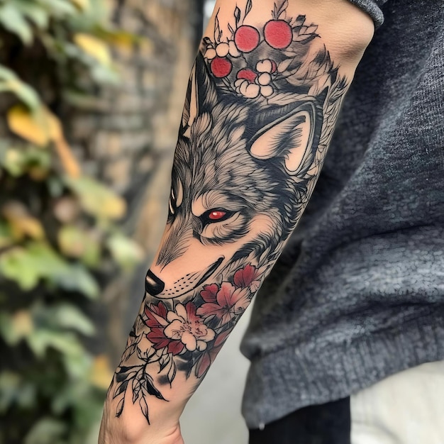 A tattoo of a wolf with a skull on it