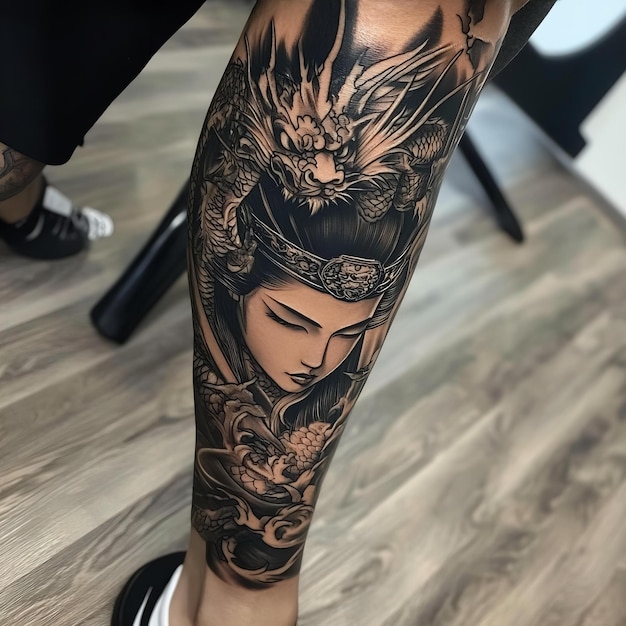 a tattoo of a woman with a dragon on her leg