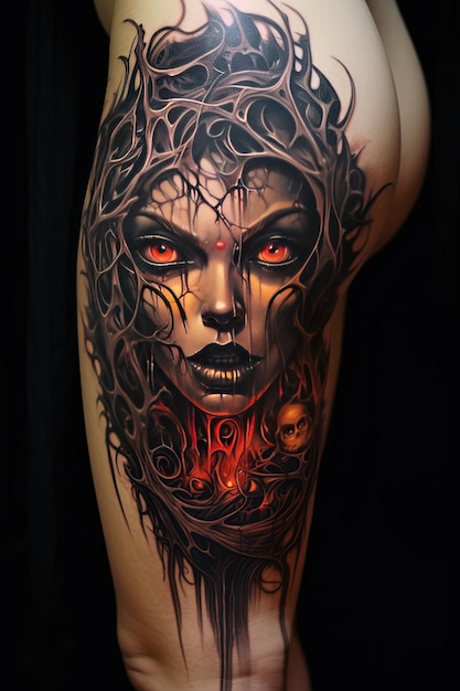 Photo a tattoo of a woman with a face and a tree with the words evil on it