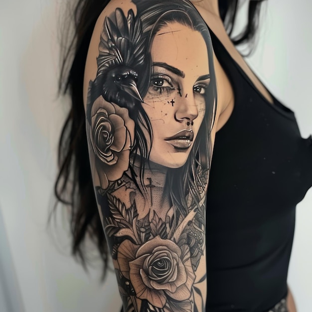 Photo a tattoo of a woman with a flower on her arm