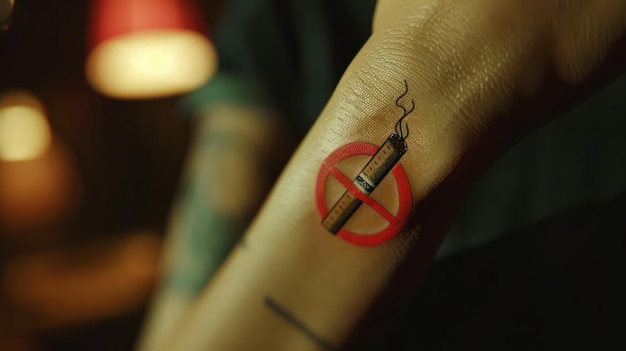 Tattoo on wrist in form of crossed out smoking cigarette stop smoking defeat addiction Generative AI